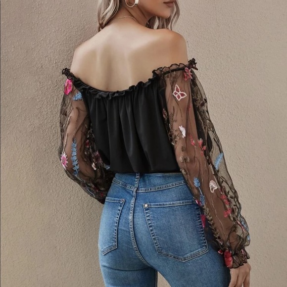 Boho floral mesh embroidered sleeve off shoulder blouse - Picture 2 of 8